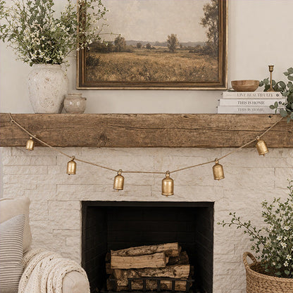 Distressed Gold Metal Bell Garland on Jute Rope - 5 Bells Farmhouse Wall Decor