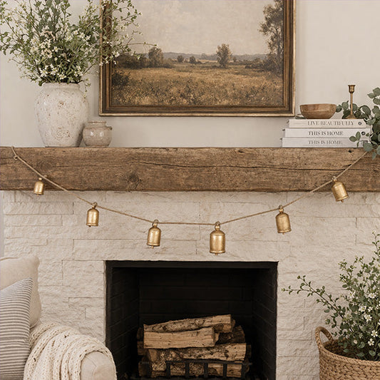 Distressed Gold Metal Bell Garland on Jute Rope - 5 Bells Farmhouse Wall Decor