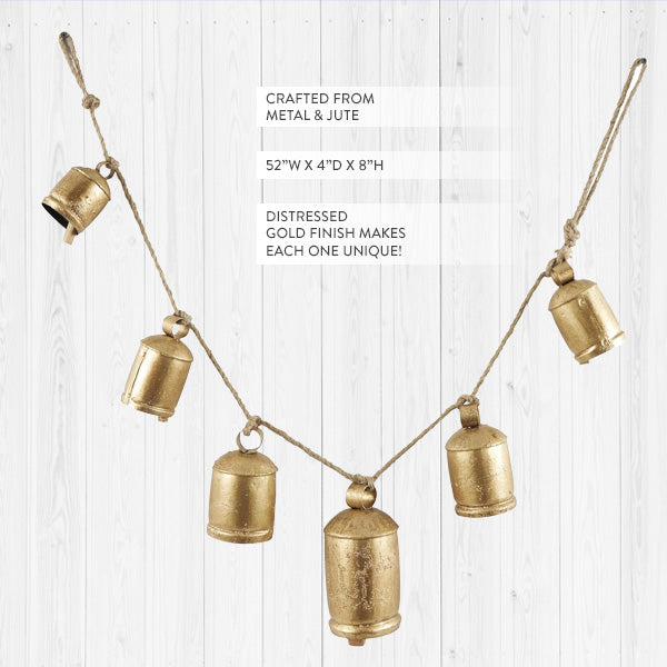 Distressed Gold Metal Bell Garland on Jute Rope - 5 Bells Farmhouse Wall Decor