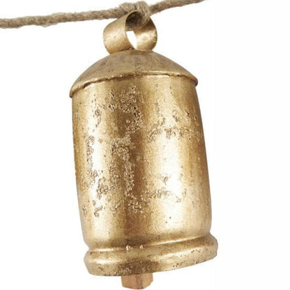 Distressed Gold Metal Bell Garland on Jute Rope - 5 Bells Farmhouse Wall Decor