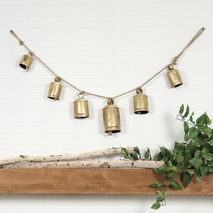 Distressed Gold Metal Bell Garland on Jute Rope - 5 Bells Farmhouse Wall Decor