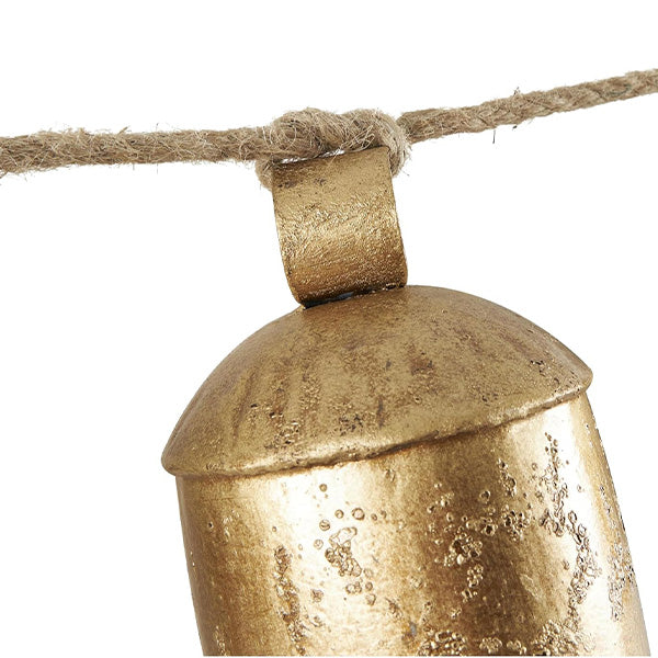 Distressed Gold Metal Bell Garland on Jute Rope - 5 Bells Farmhouse Wall Decor