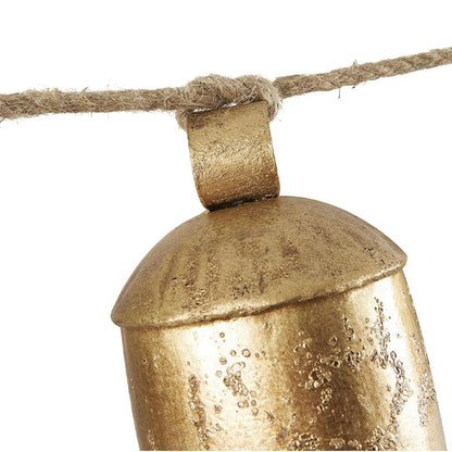 Distressed Gold Metal Bell Garland on Jute Rope - 5 Bells Farmhouse Wall Decor