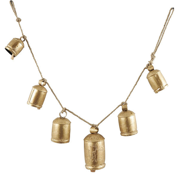 Distressed Gold Metal Bell Garland on Jute Rope - 5 Bells Farmhouse Wall Decor