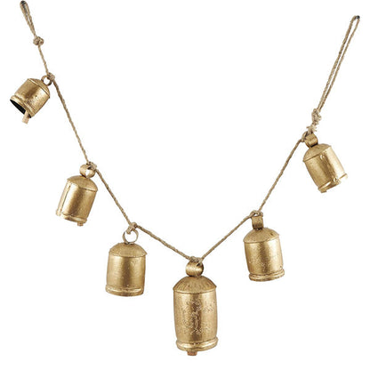 Distressed Gold Metal Bell Garland on Jute Rope - 5 Bells Farmhouse Wall Decor
