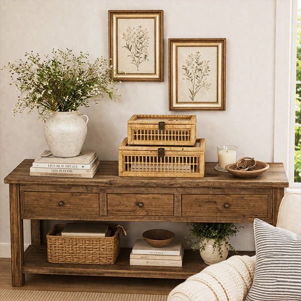 Natural Rattan Storage Boxes with Glass Lids - Set of 2 Decorative Woven Organizers