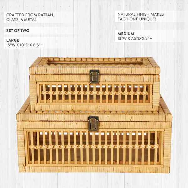 Natural Rattan Storage Boxes with Glass Lids - Set of 2 Decorative Woven Organizers