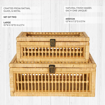 Natural Rattan Storage Boxes with Glass Lids - Set of 2 Decorative Woven Organizers