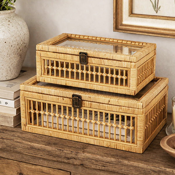 Natural Rattan Storage Boxes with Glass Lids - Set of 2 Decorative Woven Organizers