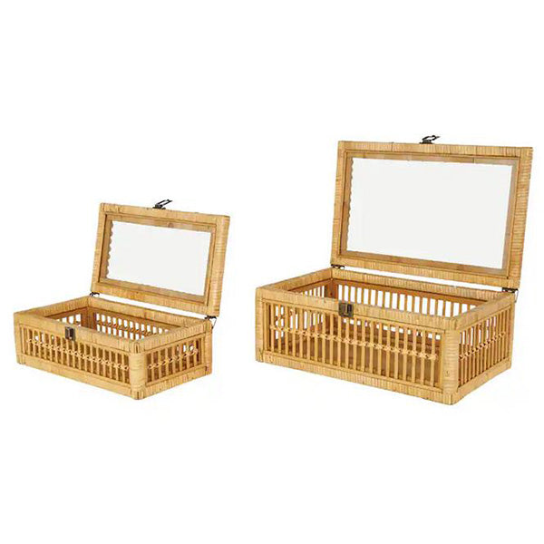 Natural Rattan Storage Boxes with Glass Lids - Set of 2 Decorative Woven Organizers