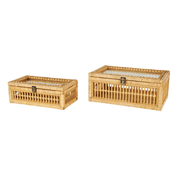 Natural Rattan Storage Boxes with Glass Lids - Set of 2 Decorative Woven Organizers
