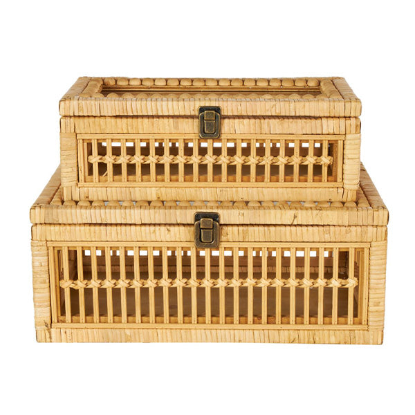 Natural Rattan Storage Boxes with Glass Lids - Set of 2 Decorative Woven Organizers