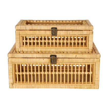Natural Rattan Storage Boxes with Glass Lids - Set of 2 Decorative Woven Organizers
