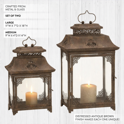 Rustic Metal and Glass Lantern, Set of 2 | Antique Brown Decorative Candle Holders