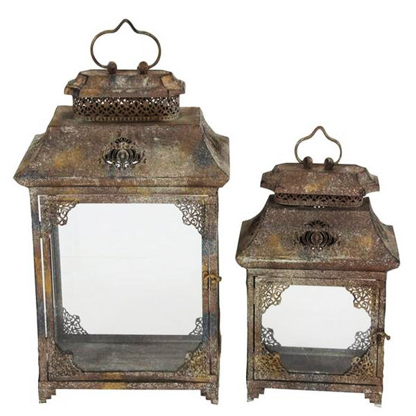 Rustic Metal and Glass Lantern, Set of 2 | Antique Brown Decorative Candle Holders