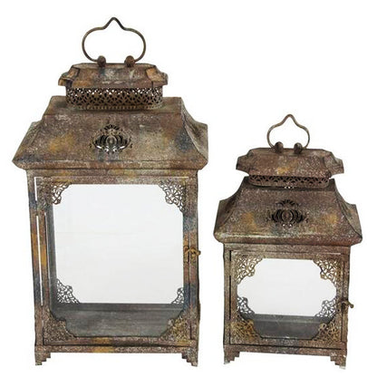 Rustic Metal and Glass Lantern, Set of 2 | Antique Brown Decorative Candle Holders