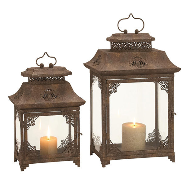Rustic Metal and Glass Lantern, Set of 2 | Antique Brown Decorative Candle Holders