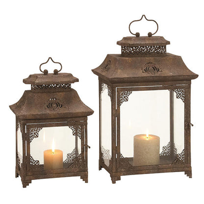 Rustic Metal and Glass Lantern, Set of 2 | Antique Brown Decorative Candle Holders