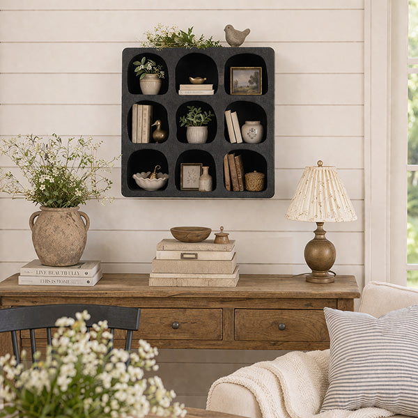 9-Cubby Black Wood Wall Shelf with Deep Square Compartment