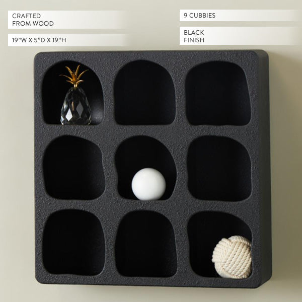 9-Cubby Black Wood Wall Shelf with Deep Square Compartment