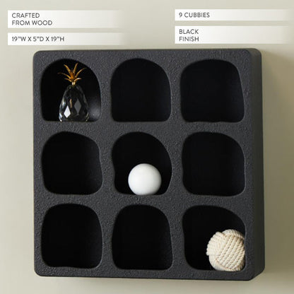 9-Cubby Black Wood Wall Shelf with Deep Square Compartment