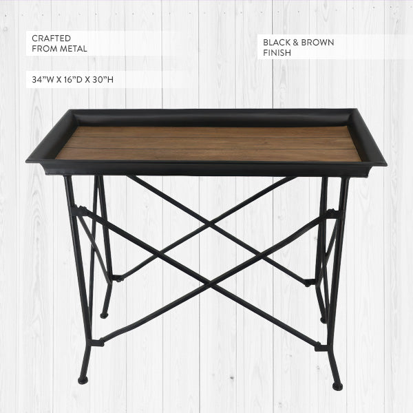 Black Metal X-Frame Tray Table with Wood Plank Top