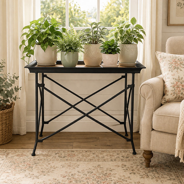 Black Metal X-Frame Tray Table with Wood Plank Top
