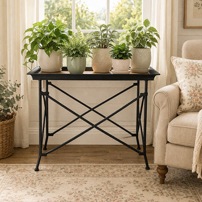 Black Metal X-Frame Tray Table with Wood Plank Top