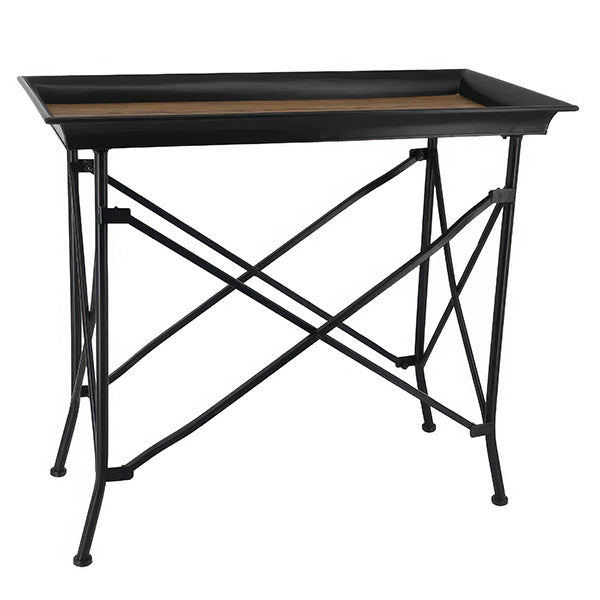 Black Metal X-Frame Tray Table with Wood Plank Top