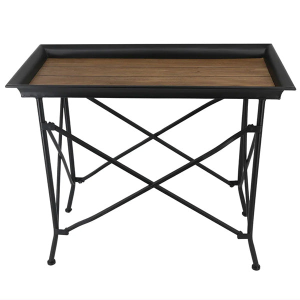 Black Metal X-Frame Tray Table with Wood Plank Top