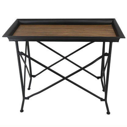 Black Metal X-Frame Tray Table with Wood Plank Top