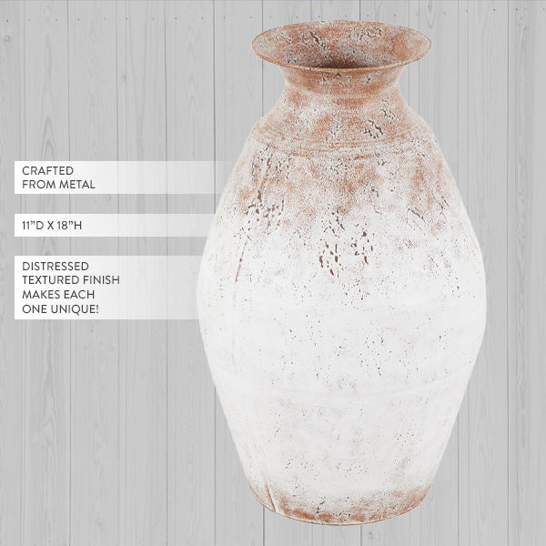 Distressed White Metal Vase - Vintage Farmhouse Floor Vase